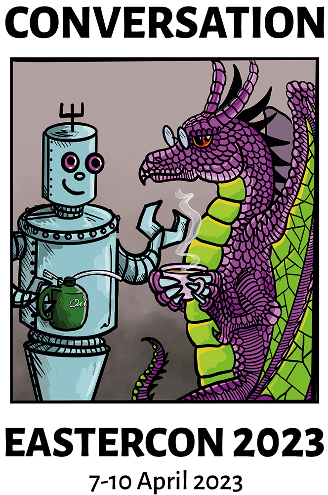 Flyer for Eastercon featuring a cartoon of a robot and a dragon.